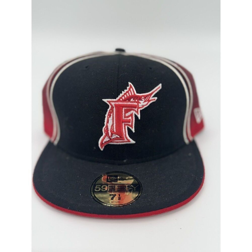 Florida Marlins Fitted Hat Size 7 1/2 New Era MLB Baseball Cap 59Fifty Black Red